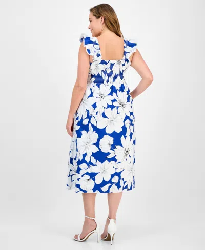 Anne Klein Plus Size Floral-print Smocked Ruffled-sleeve Cotton Midi Dress