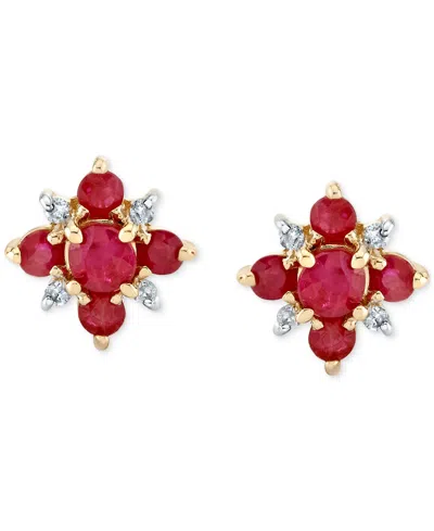 Macy's Ruby (3/4 Ct. T.w.) & Diamond Accent Flower Cluster Stud Earrings In 10k Gold