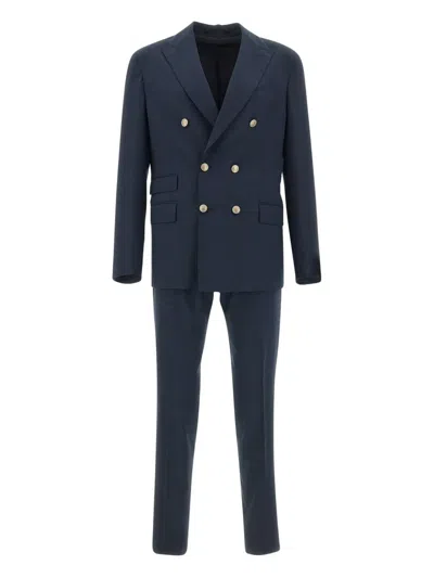 Eleventy Blue Double-breasted Suit With Peak Revers And Jewel Buttons In Wool Stretch Man