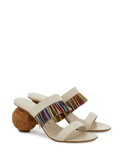 Ferragamo Unique Mules With Colorful Fringe Detail In White