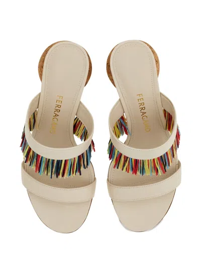 Ferragamo Unique Mules With Colorful Fringe Detail In White