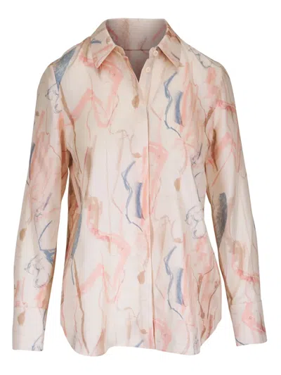 Lafayette 148 Gesture Print Silk Twill Button Blouse In Raffia Multi