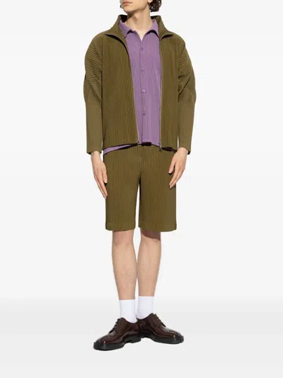 Issey Miyake Olive Green Zip-up Jacket With Ribbed Texture In Green