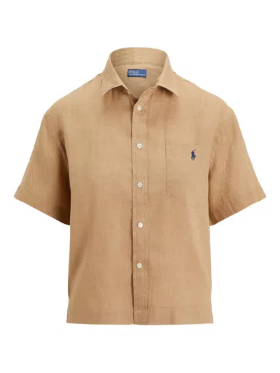 Polo Ralph Lauren Womens Camel Logo-embroidered Short-sleeve Linen Shirt Xl