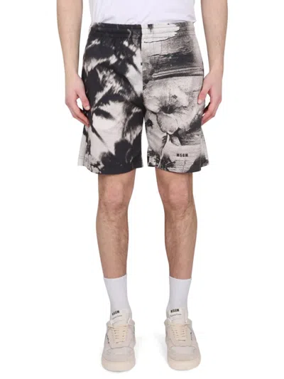 Msgm Bermuda Shorts With Abstract Print And Elastic Waistband