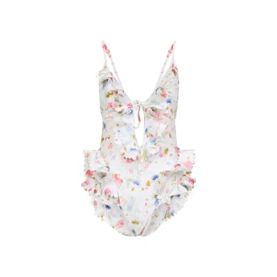 Zimmermann Multicolour Floral Swimsuit With Ruffled Edges And Adjustable Ties In Multi