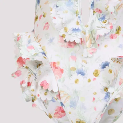 Zimmermann Multicolour Floral Swimsuit With Ruffled Edges And Adjustable Ties In Multi