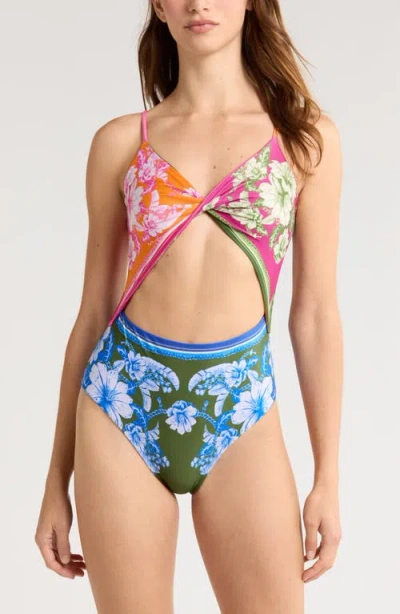 Farm Rio Floral Elegance Mixed Scarves Cutout One-piece Swimsuit