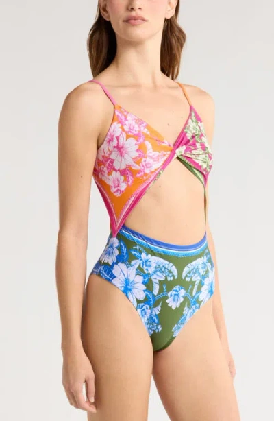Farm Rio Floral Elegance Mixed Scarves Cutout One-piece Swimsuit