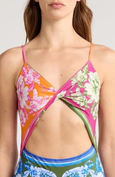 Farm Rio Floral Elegance Mixed Scarves Cutout One-piece Swimsuit