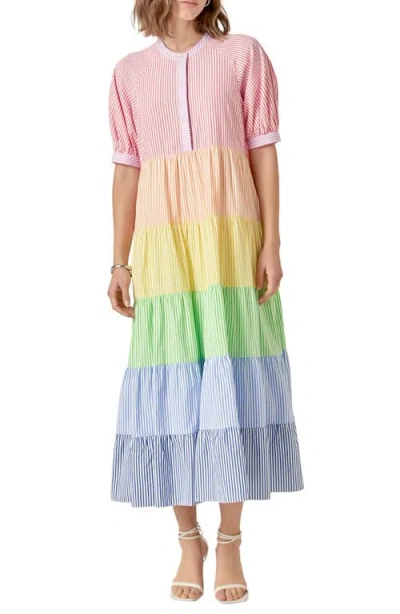English Factory Stripe Colorblock Tiered Cotton Blend Dress