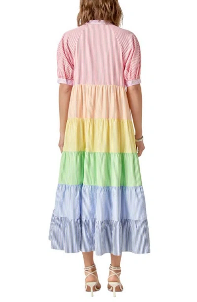 English Factory Stripe Colorblock Tiered Cotton Blend Dress