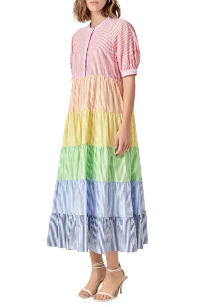 English Factory Stripe Colorblock Tiered Cotton Blend Dress