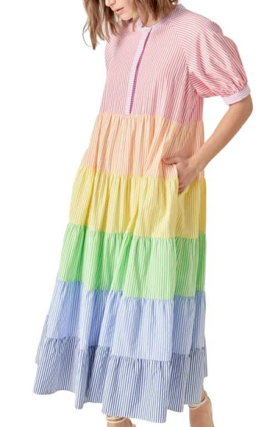 English Factory Stripe Colorblock Tiered Cotton Blend Dress