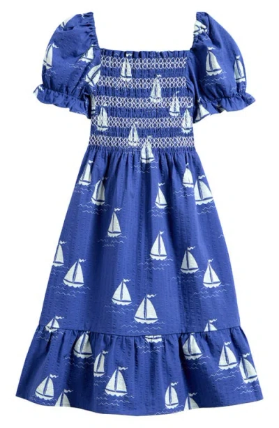 Mini Rodini Kids' Sailboat Print Smocked Organic Cotton Dress