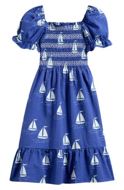 Mini Rodini Kids' Sailboat Print Smocked Organic Cotton Dress