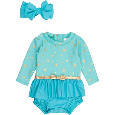 RUFFLEBUTTS RUFFLEBUTTS GOLDEN PRINCESS ONE-PIECE RASHGUARD SWIMSUIT & BOW HEAD WRAP SET 