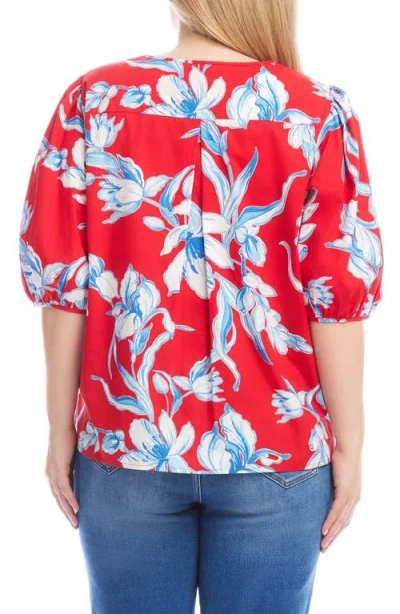 Karen Kane Floral Print Puff Sleeve Cotton Button-up Shirt In Multi
