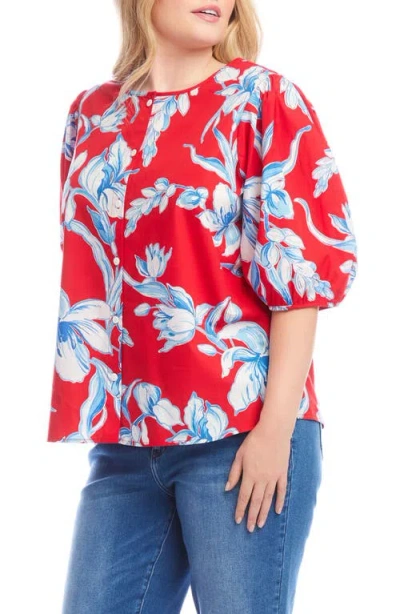 Karen Kane Floral Print Puff Sleeve Cotton Button-up Shirt In Multi