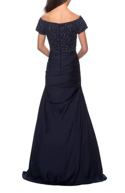 La Femme Satin Off The Shoulder Dress With Beaded Sleeves