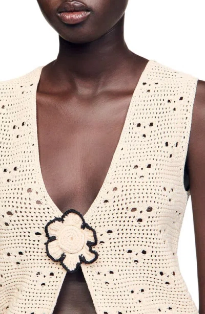 Sandro Womens Naturels Flower-embroidered V-neck Sleeveless Crochet Cardigan