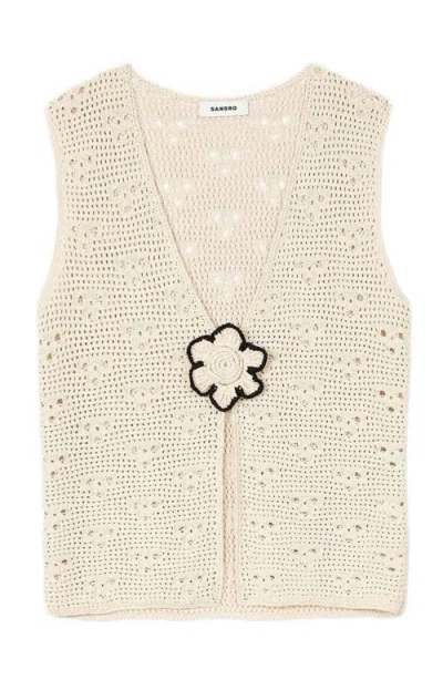 Sandro Womens Naturels Flower-embroidered V-neck Sleeveless Crochet Cardigan