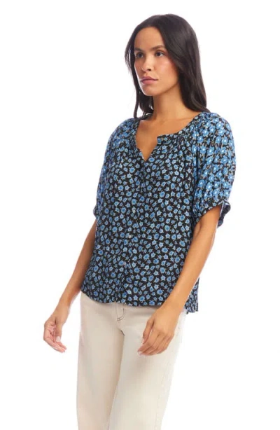 Karen Kane Contrast Short Sleeve Button-up Peasant Top