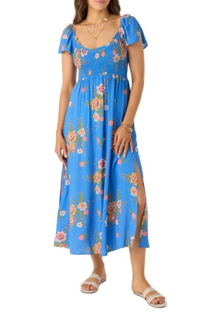O'neill Larissa Floral Smocked Midi Dress In Blue