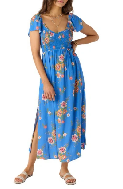 O'neill Larissa Floral Smocked Midi Dress In Blue