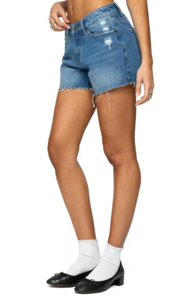 Edikted Scottie Raw Hem Low Rise Denim Shorts