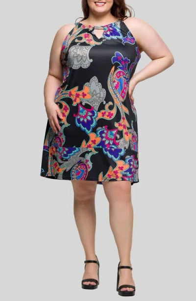 24seven Comfort Apparel Plus Size Knee Length Print Sleeveless Keyhole Dress
