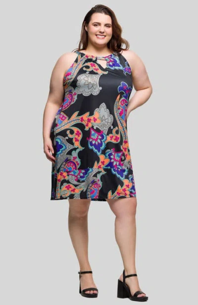 24seven Comfort Apparel Plus Size Knee Length Print Sleeveless Keyhole Dress