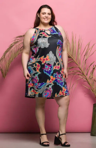 24seven Comfort Apparel Plus Size Knee Length Print Sleeveless Keyhole Dress