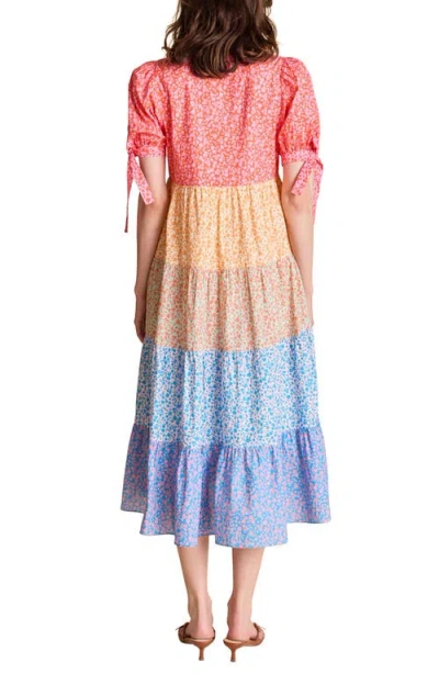 ENGLISH FACTORY ENGLISH FACTORY FLORAL COLORBLOCK TIERED COTTON MIDI DRESS 