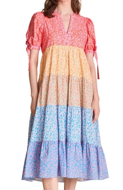 English Factory Floral Colorblock Tiered Cotton Midi Dress