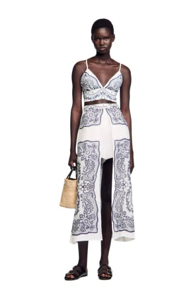 Sandro Womens Naturels Bandana-print V-neck Cropped Linen-blend Crop Top