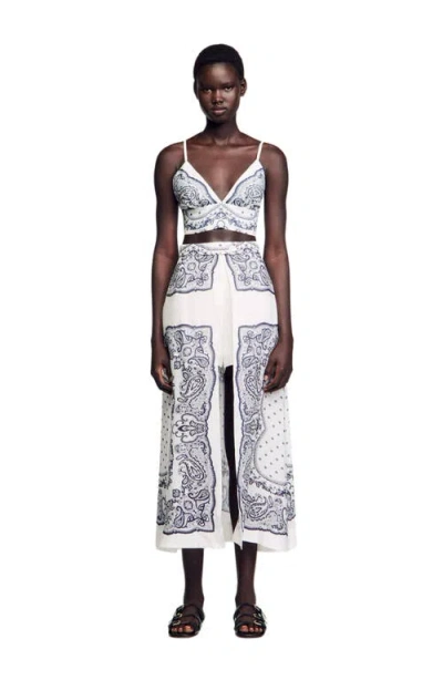 Sandro Womens Naturels Bandana-print V-neck Cropped Linen-blend Crop Top