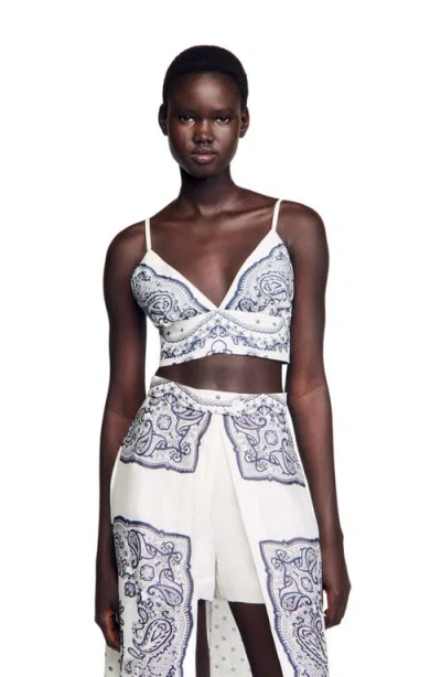 Sandro Womens Naturels Bandana-print V-neck Cropped Linen-blend Crop Top