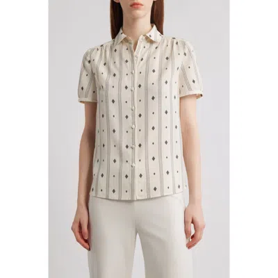 Anne Klein Diamond Pattern Short Sleeve Button-up Shirt In White