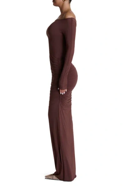 Naked Wardrobe Ruched Off The Shoulder Long Sleeve Maxi Dress