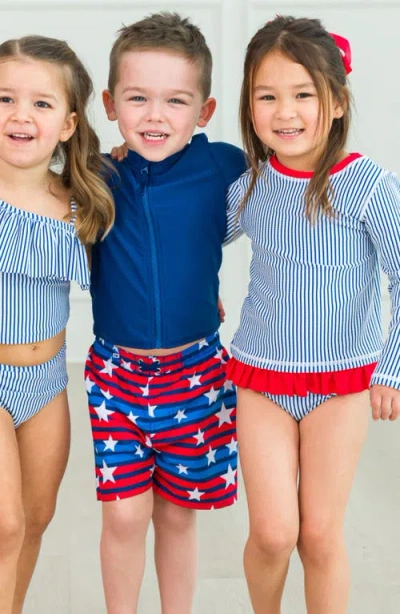 Rufflebutts Seersucker Two-piece Rashguard Swimsuit & Bow Headwrap Set