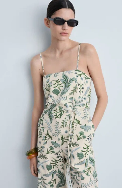 Mango Print Tie Waist Wide Leg Jumpsuit