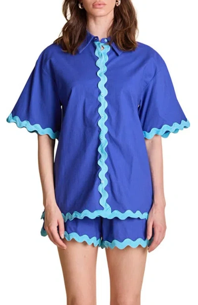 English Factory Rickrack Trim Cotton & Linen Button-up Shirt