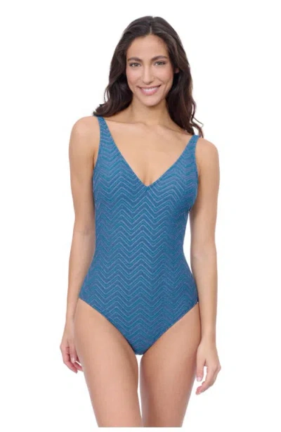 Profile By Gottex Blend V Neck Texture One Piece In Blue