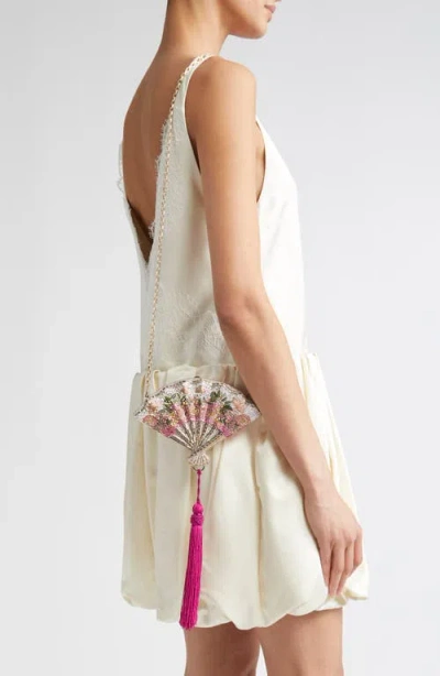 Judith Leiber Couture Pink Blossoms Crystal Embellished Fan Clutch