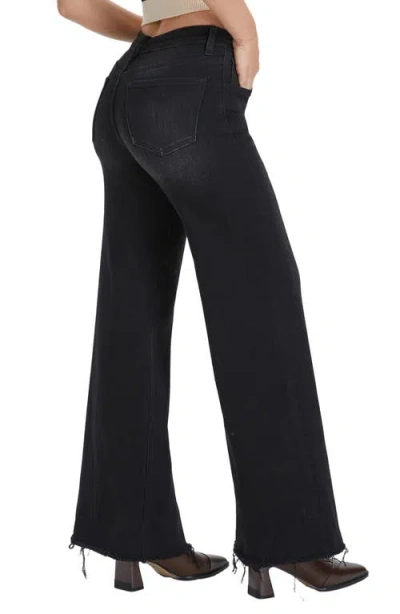 Bayeas Frayed Exposed Button Mid Rise Wide Leg Jeans