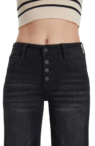 Bayeas Frayed Exposed Button Mid Rise Wide Leg Jeans