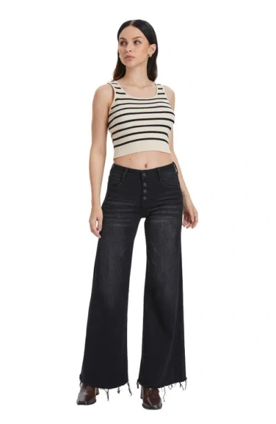 Bayeas Frayed Exposed Button Mid Rise Wide Leg Jeans