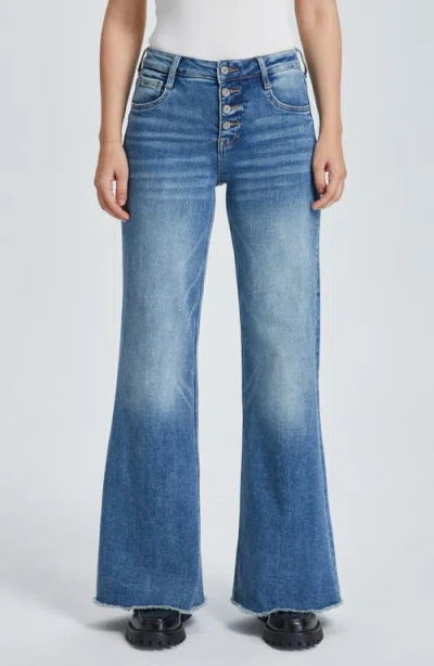 Bayeas Frayed Exposed Button Mid Rise Wide Leg Jeans