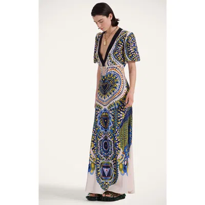 La Doublej Marlene Multicolor Long Flared Dress With V Neck And All-over Graphic Print In Silk Woman